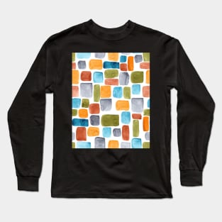 Color blocking: Hand-painted watercolor rectangle shapes in autumnal colors olive, teal, orange, rust and turquoise as a seamless surface pattern design Long Sleeve T-Shirt